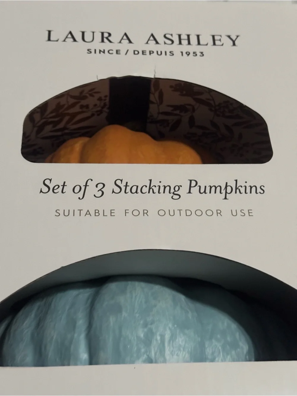 NEW 3 Pc Laura Ashley Indoor/Outdoor Stackable Pumpkin Set Fall Decor Blue White